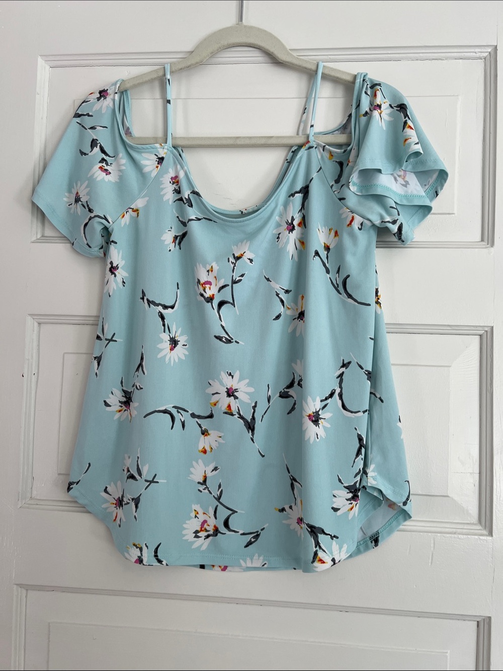 Floral Cold-Shoulder Flutter Sleeve Top - Light Blue